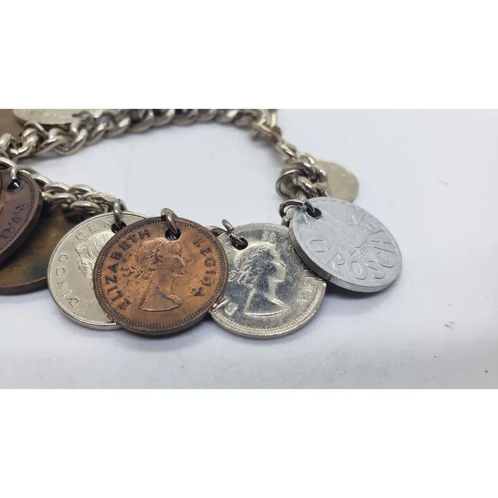 Vintage Coin Charm Bracelet Souvenir Mixed Coins Queen Elizabeth Regina Collect - Picture 6 of 11